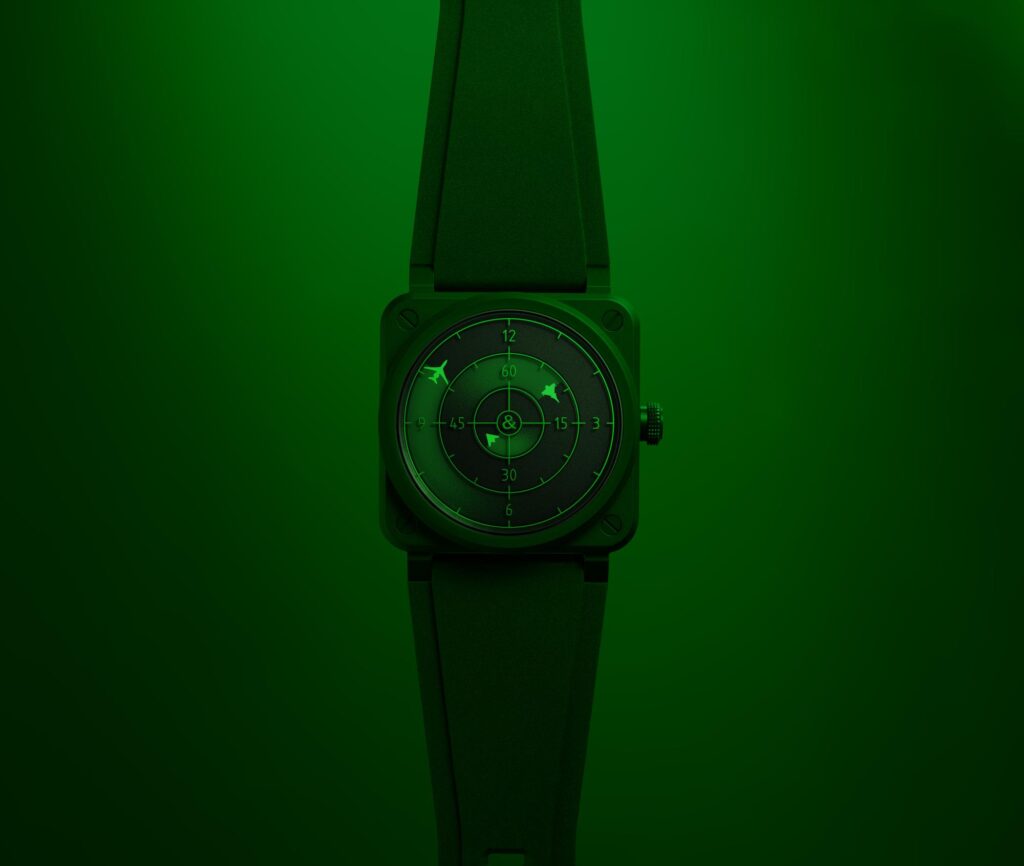 Bell & Ross BR-03 Green Radar Ceramic watch with tinted green sapphire crystal and concentric discs.