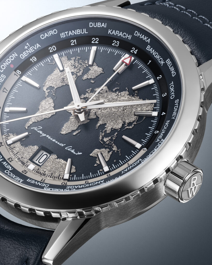Detalle del mapa del mundo en relieve del RAYMOND WEIL Freelancer World-Traveller