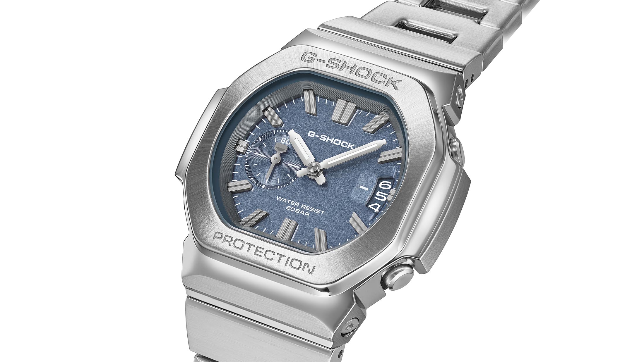 Reloj analógico G-SHOCK GMC-2500 con caja de contornos redondeados y ventana Multi-Mission Date a las 3 horas.