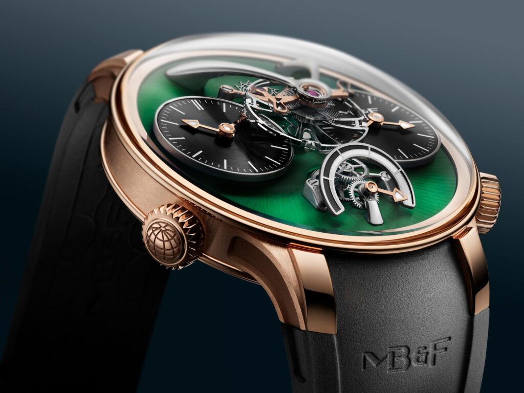 MB&F Legacy Machine N°1 EVO in 5N+ rose gold with a green dial