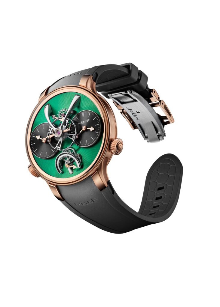 Full front view of the MB&F Legacy Machine N°1 EVO Rose Gold