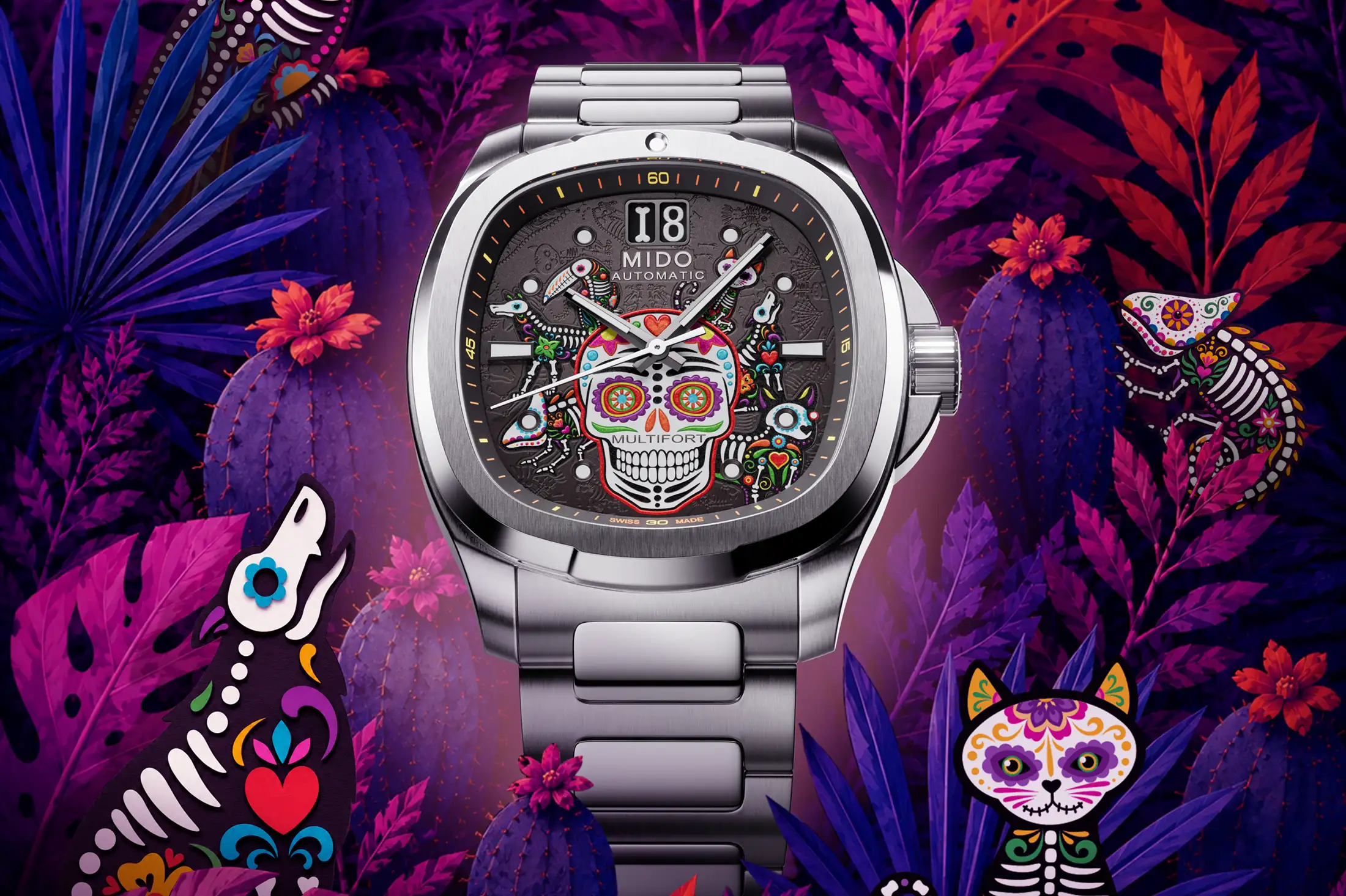 MIDO Multifort TV Big Date Dia de los Muertos ALEBRIJES Ref. M049.526.11.081.02 reloj de acero con esfera calavera