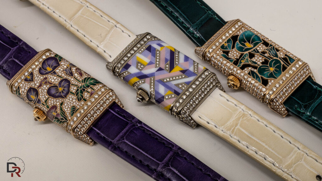 Trio of Jaeger-LeCoultre Reverso Métiers Rares watches decorated with Art Nouveau floral enamel and diamond-setting