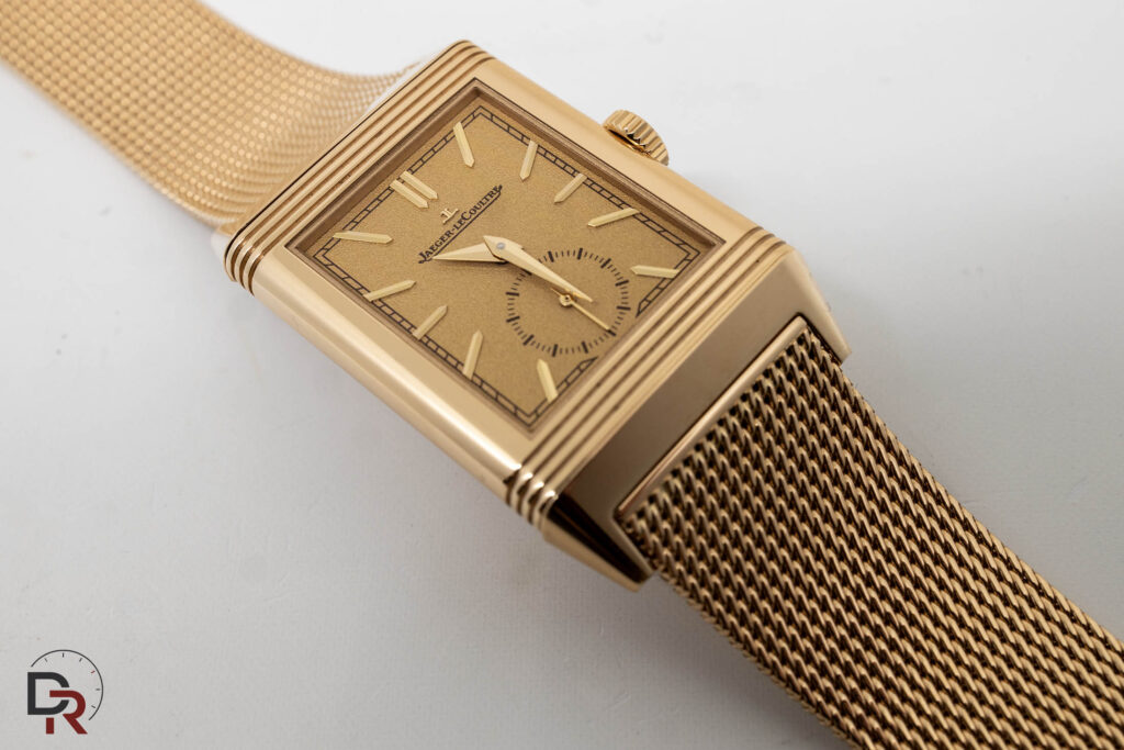 Jaeger-LeCoultre Reverso Monoface in pink gold with a Milanese mesh bracelet
