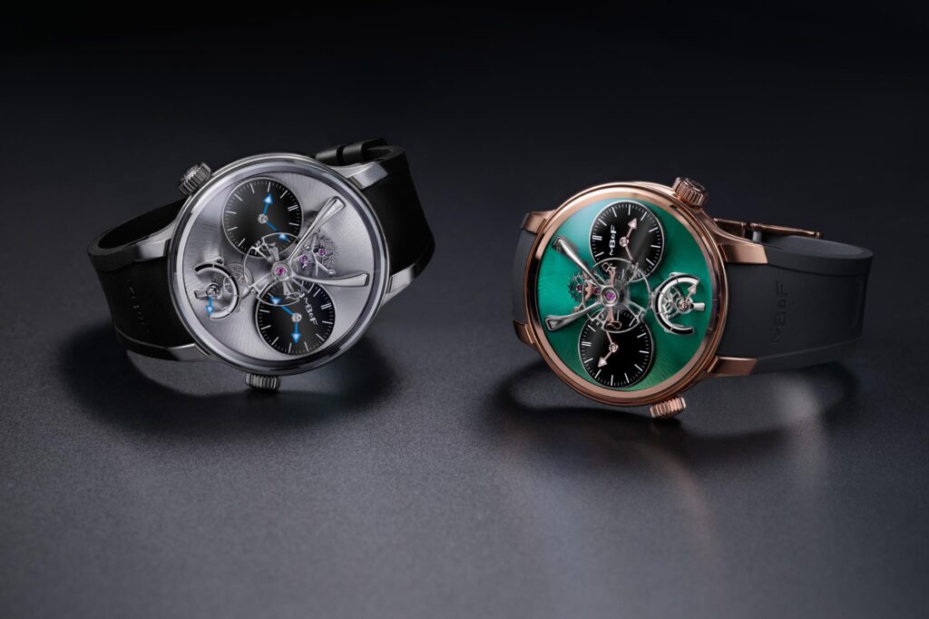 MB&F Legacy Machine N°1 EVO featuring a 42 mm case, dual time zone, and suspended 14 mm balance wheel