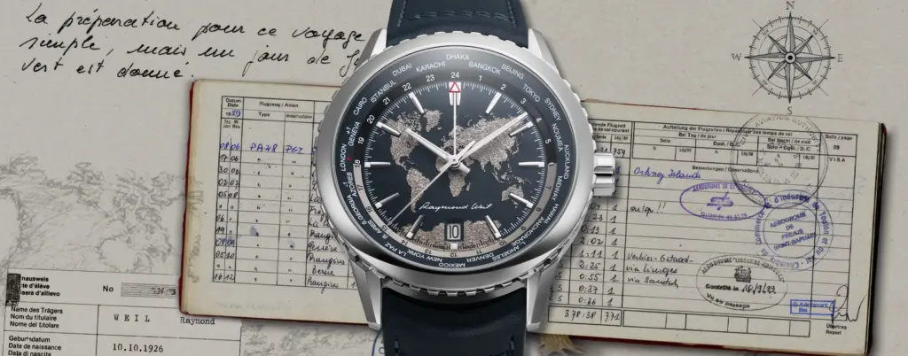 Reloj RAYMOND WEIL Freelancer World-Traveller con esfera azul y champán en relieve, función GMT y bisel Worldtimer de 24 ciudades.