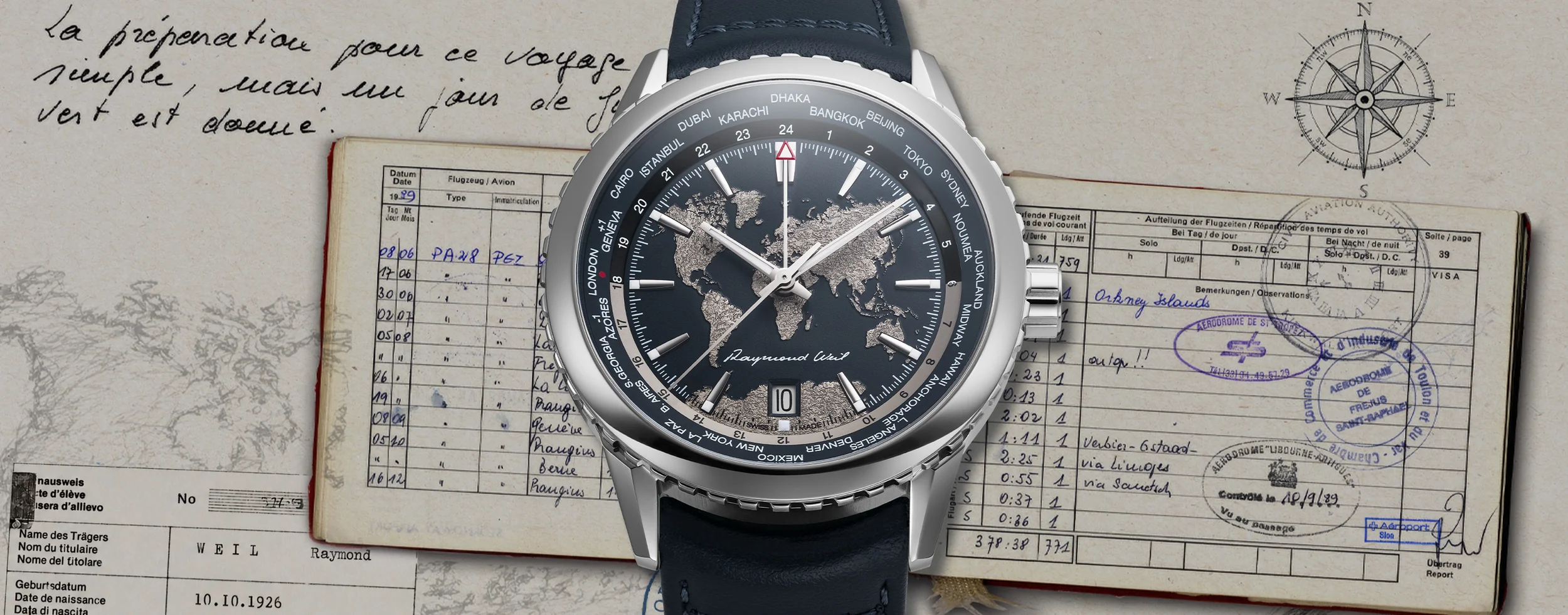 Reloj RAYMOND WEIL Freelancer World-Traveller con esfera azul y champán en relieve, función GMT y bisel Worldtimer de 24 ciudades.